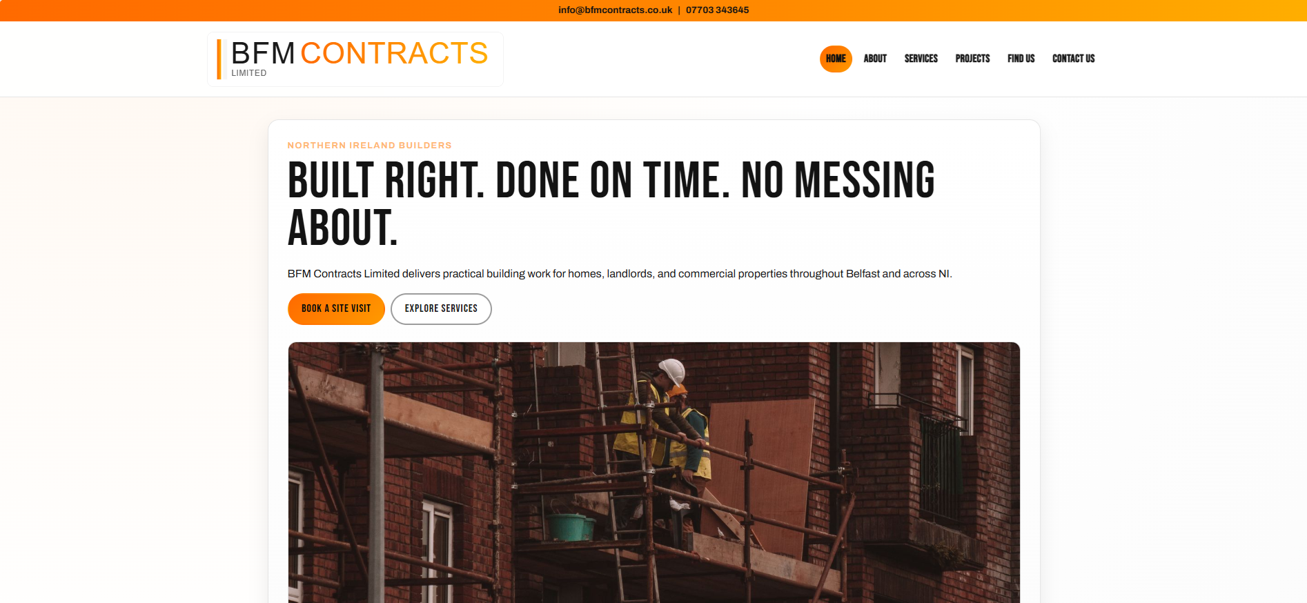 BFM Contracts Limited website example showing construction and building services design