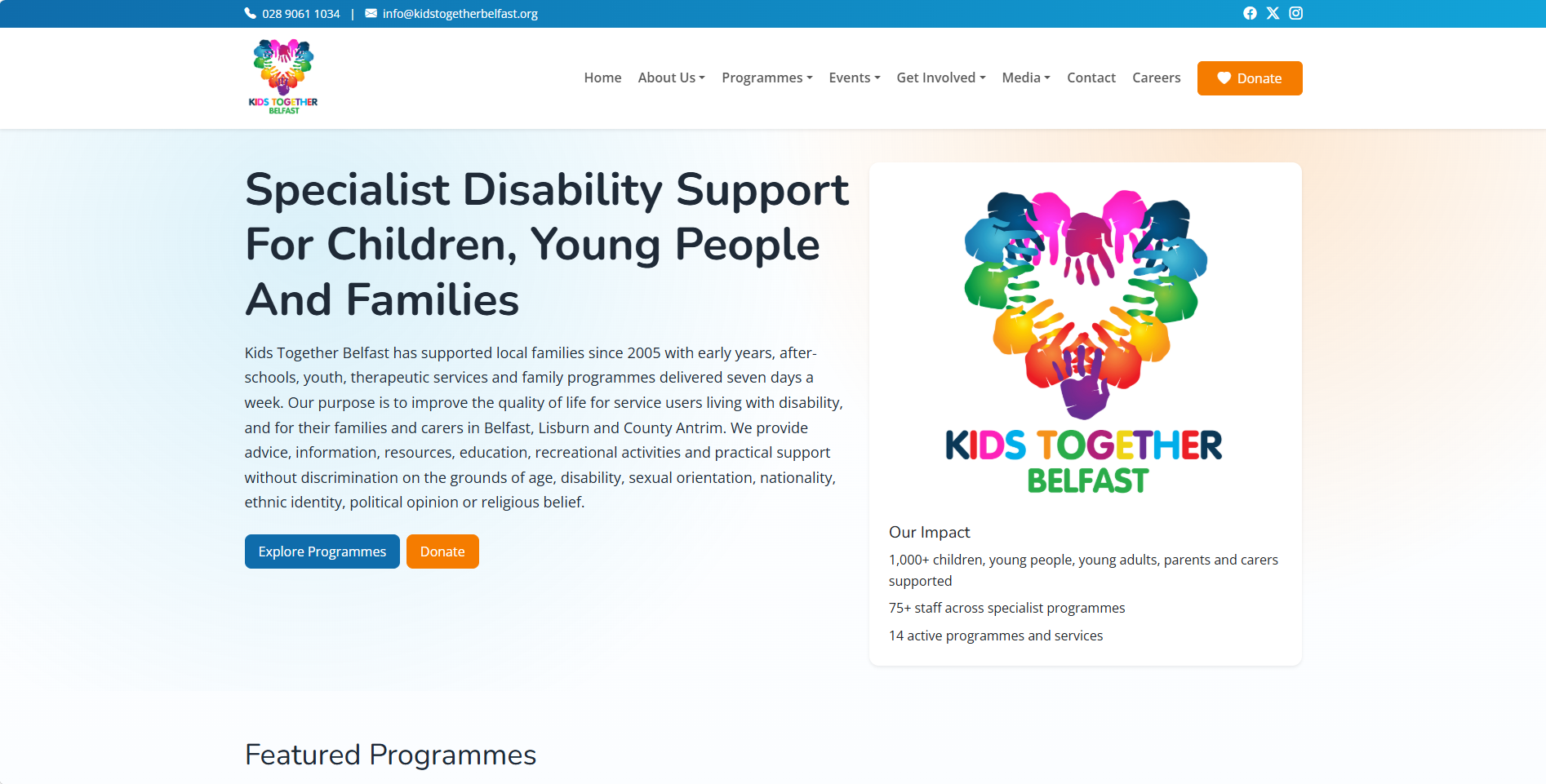 Kids Together Belfast website example showing community charity services design